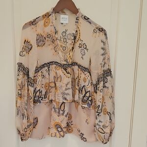 Women's Floral Blouse - Cream and Blue